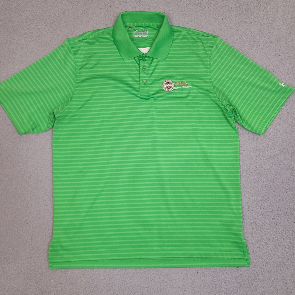 Under Armour Polo Shirt Mens‎ Large Green Striped PGA Southern Texas Loose